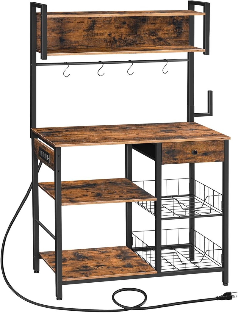 HOOBRO Bakers Rack with 4 AC Power Outlets, 5-Tier Coffee Bar with Wire Basket, Microwave Stand with Paper Holder and Drawer, Kitchen Storage Shelf, Rustic Brown and Black BF84UHB01 - Image 1